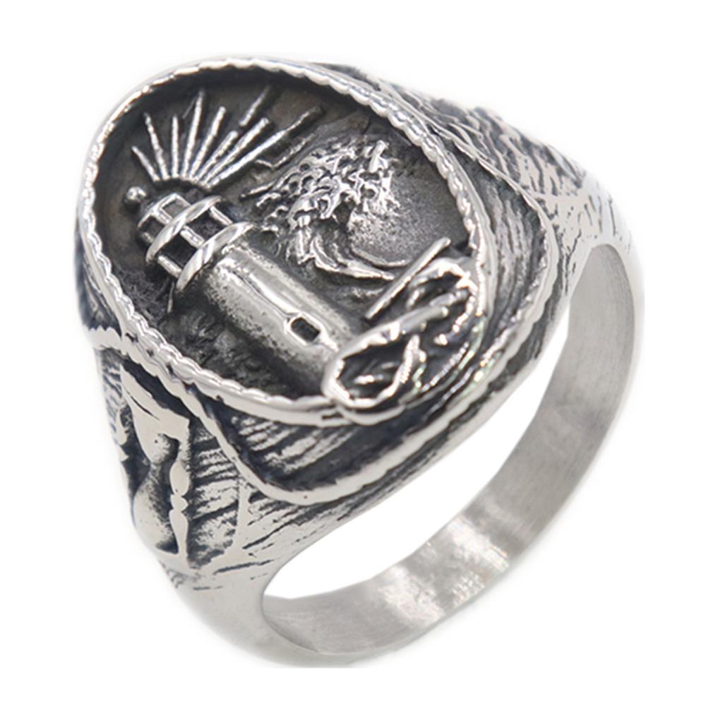 Vintage Ocean Style Steel Color Lighthouse Ring Men's Punk Stainless Steel Ring