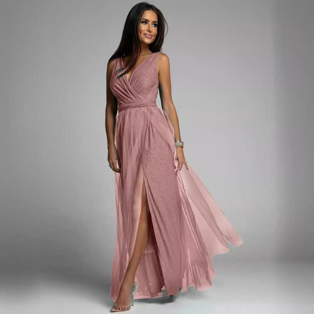 Cross-border 2023 V-Neck Waist-Cinching Sparkling Evening Gown with Slit