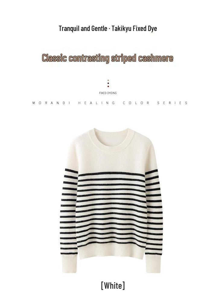 2025 Autumn/Winter Women's Color Block Stripe Cashmere Pullover Sweater - Round Neck, Long Sleeve Knitwear