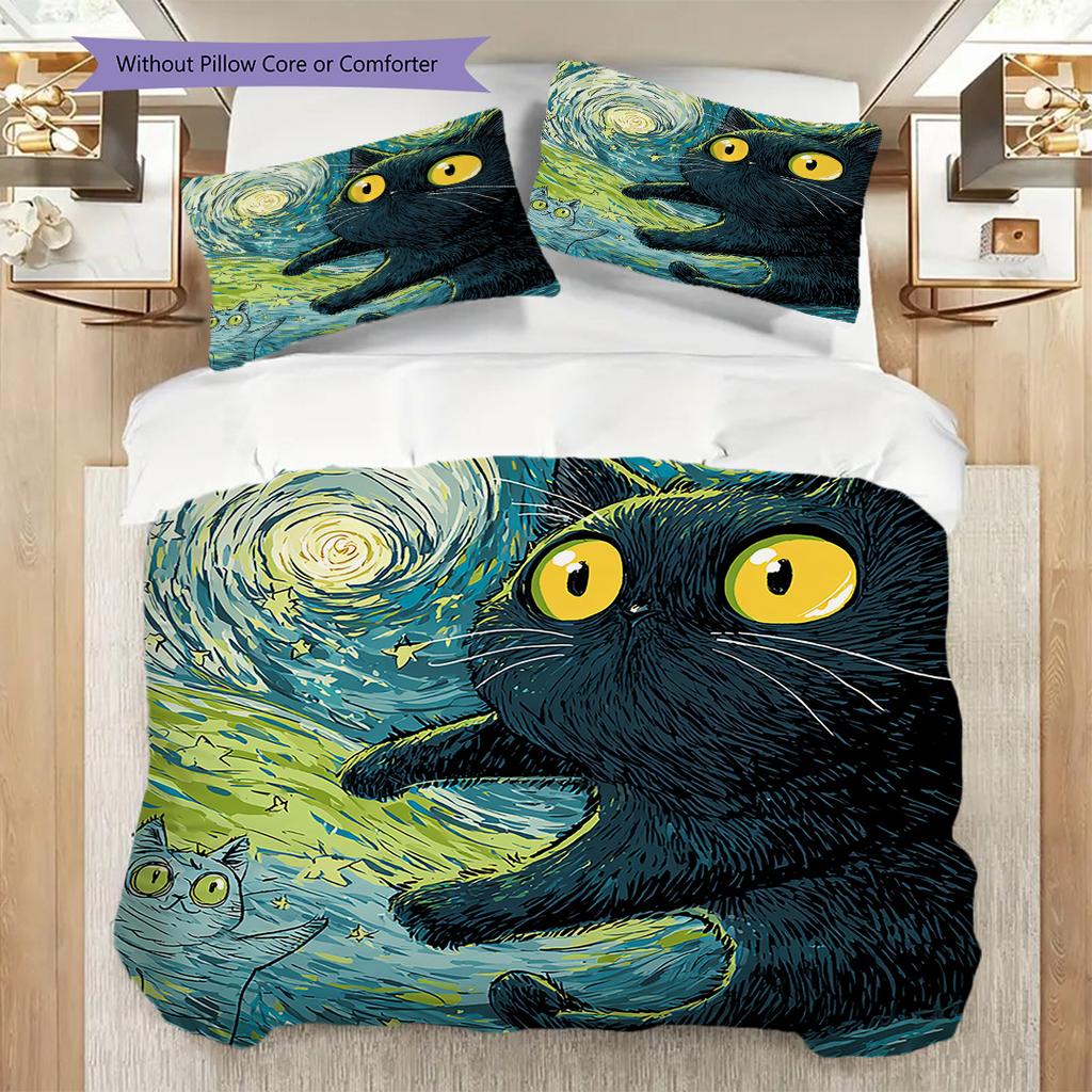 Black Cat Pattern Bedding Quilt Set Quilt Cover Pillowcase Home Decoration Birthday Gift (1 * duvet cover + 2 * pillowcase, without core)