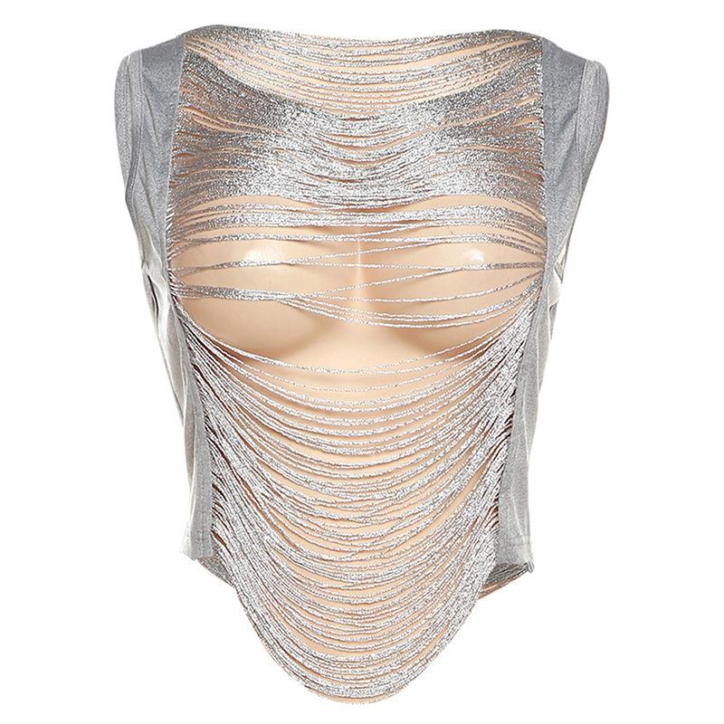 European and American style 2026 summer new fashion street sexy babes hollow perspective splicing sleeveless vest women S серебряный