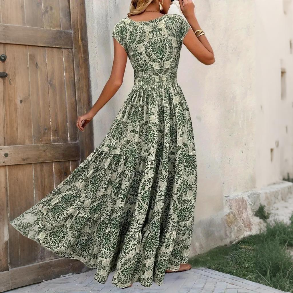 Rochie Maxi Vintage cu Imprimeu Floral pentru Femei, Decolteu în V, Mânecă Scurtă, cu Design în Talie, Elegantă, Fluidă, Lungă, pentru Purtare Zilnică