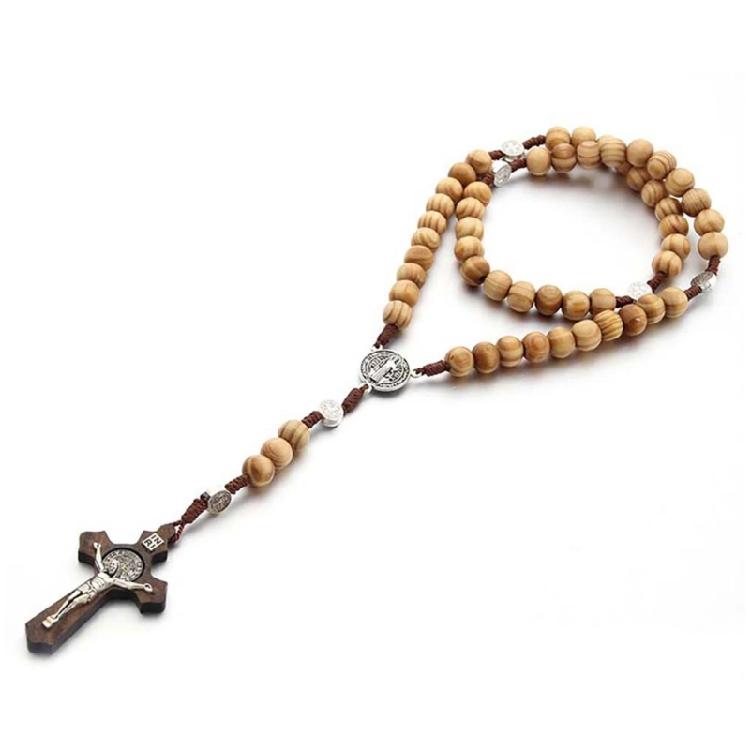 Handmade Wood Rosary Catholic Necklaces Men Cross Prayer Religious Jewelry Gift