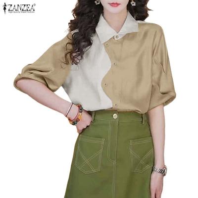 Women Casual Turn Down Collar Summer Short Sleeve Splice Blouse