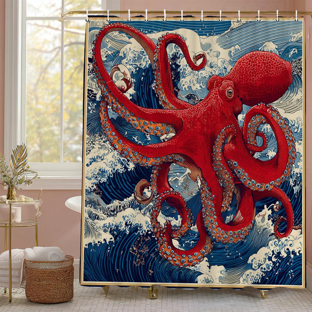 Ocean Octopus Japanese Wave Style Shower Curtain, Bathroom Decorative Shower Curtain, Print polyester Shower Curtain with Hooks 90x180cm-35x70in