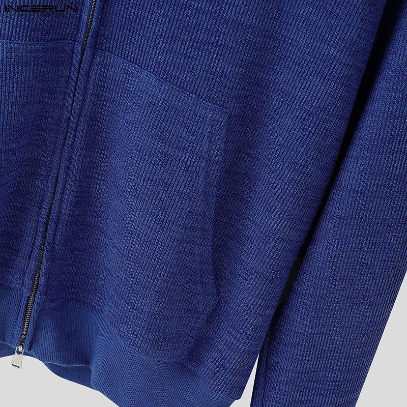 INCERUN Men Long Sleeve Zip-up Casual Hooded Rib Knitted Pullovers Sweatshirts