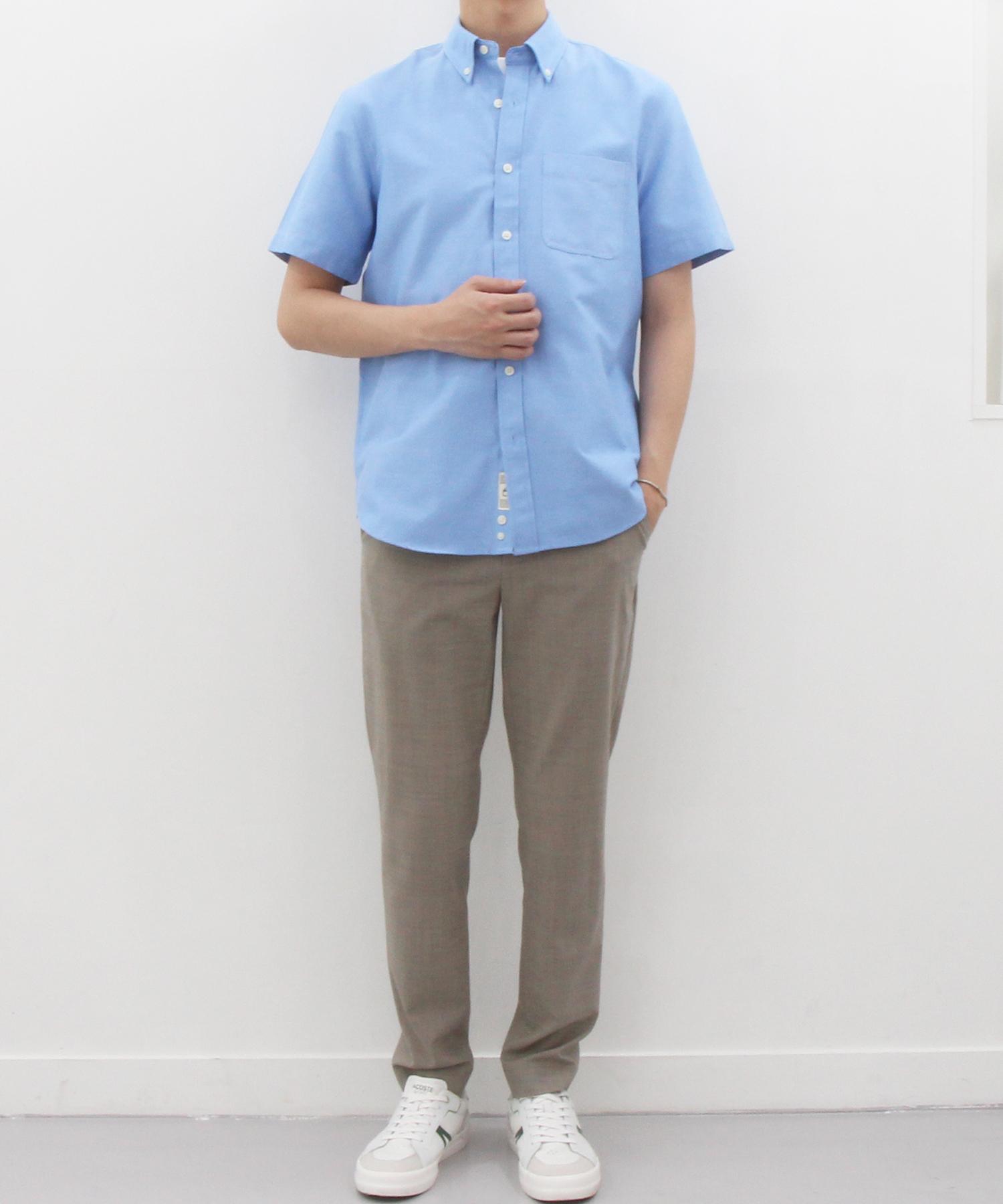 The Shirt Studio Blue Short Sleeve Loose Fit Cotton Blend Oxford Button-Down Shirt 110