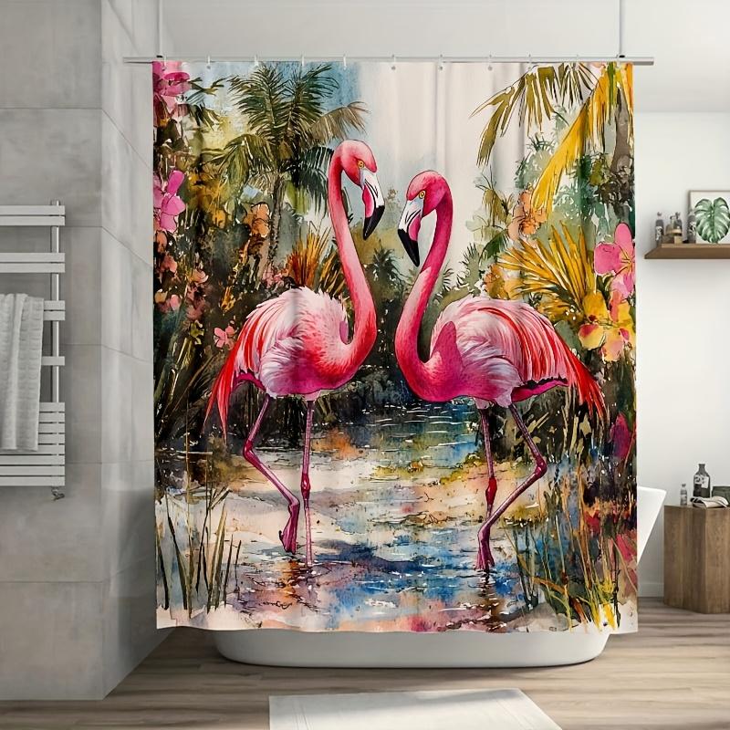 1PC Vintage Two Pink Flamingos Shower Curtain, Durable Polyester, Easy Clean, for Bathroom & Window Decor