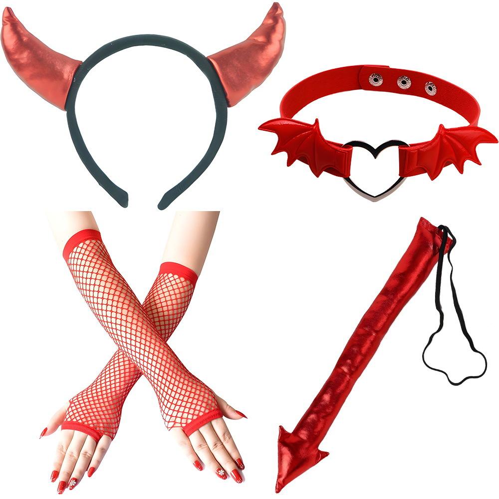 Devil Costume Accessories Set for Halloween - Headband Choker Gloves Tail