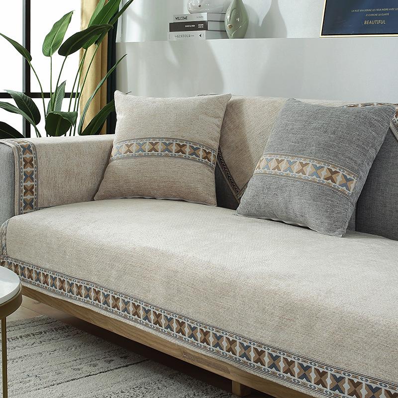 European Style Chenille Sofa Cover Dustproof Belt Anti-skid Silicone Particle Furniture Protective Cover Easy-going Sofa Cushion