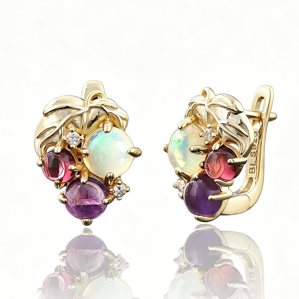 Women's Grape-Shaped Earrings with Natural Opal Amethyst Garnet Gemstones 925 Sterling Silver Fine Jewelry