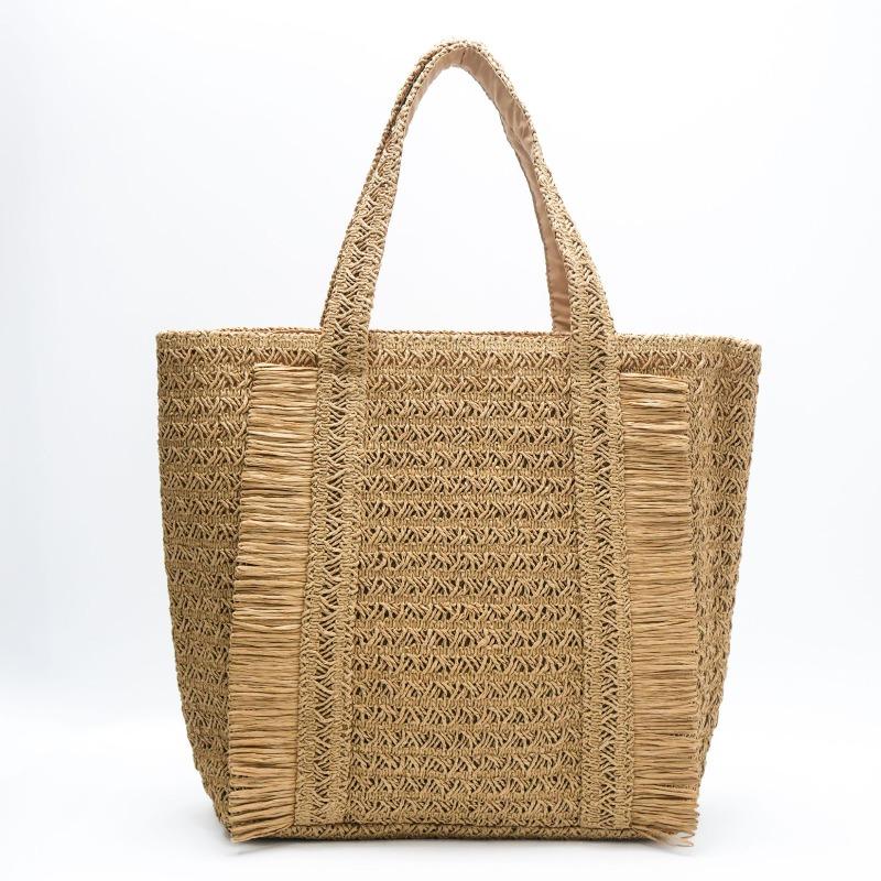 

New fringed woven straw bag shoulder large capacity woven tote bag women s seaside vacation beach bag welt zipper