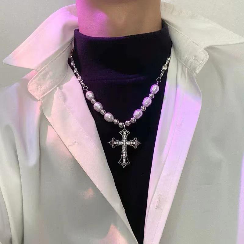 Ins Hip Hop Retro Pearl Necklace Christian Cross Clavicle Chain Ladies Sweet Punk Pendant Men Women Gifts