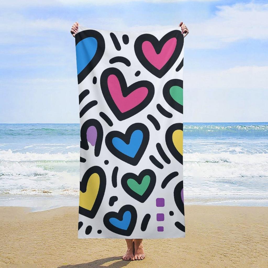 Large Quick-Dry Beach Towel - Super Absorbent Microfiber Bath & Pool Towel with Vibrant Hearts Pattern In Blue,Pink,Yellow,Green