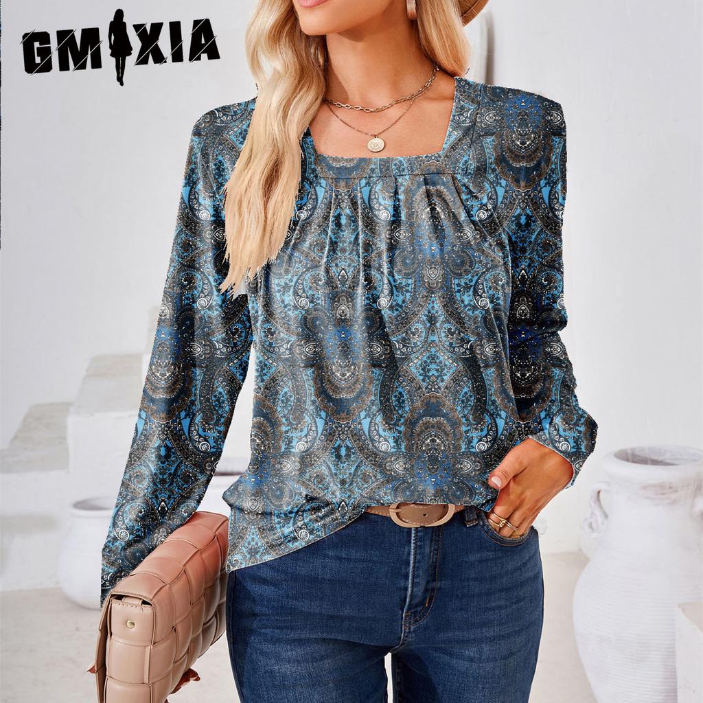GMXIA Dame Mote Casual Sommer Langermet U-hals Bluser & Skjorter