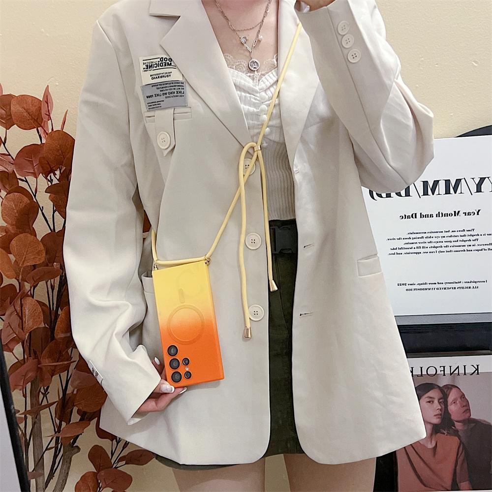 Crossbody Lanyard Cord Magsafe Case For Samsung S24 S23 S22 Ultra/iphone 15 14 13 12 11 Pro Max Gradient Matte Silicone Wireless Charging Back Cover