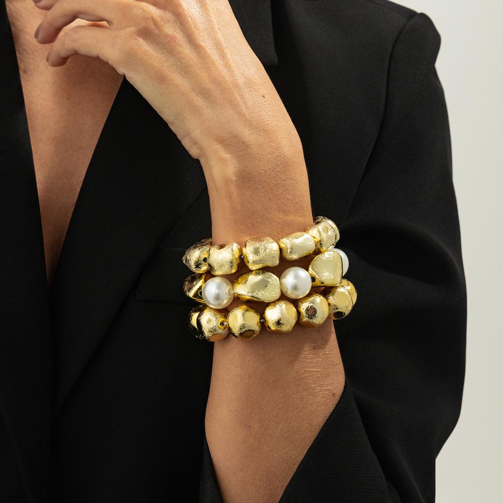 SHIXIN Set da 3 Pezzi Braccialetti Elastici Impilabili Vintage con Perle Finte per Donna Punk Colore Oro Braccialetto Irregolare con Perline Acriliche