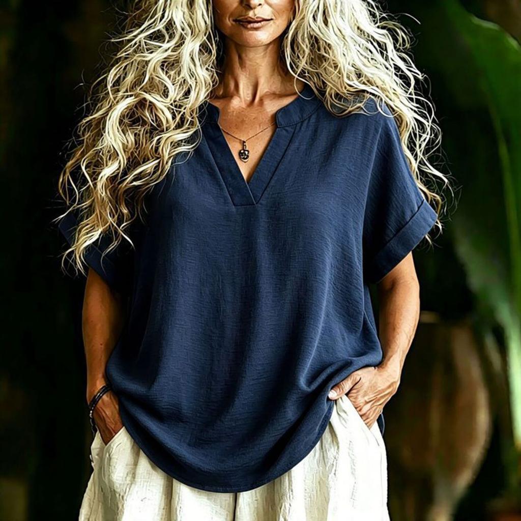 Women's Fashionable Casual V-neck Short-sleeved Loose-fitting Shirt T-shirt