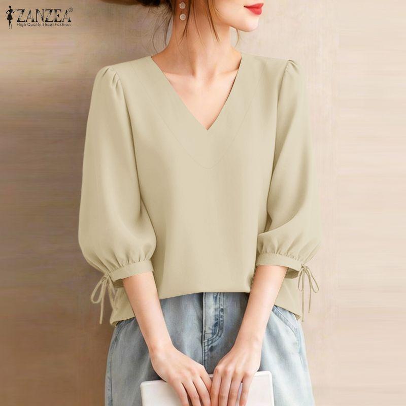ZANZEA Women Casual V-Neck 3/4 Sleeve Loose Elegant Blouse