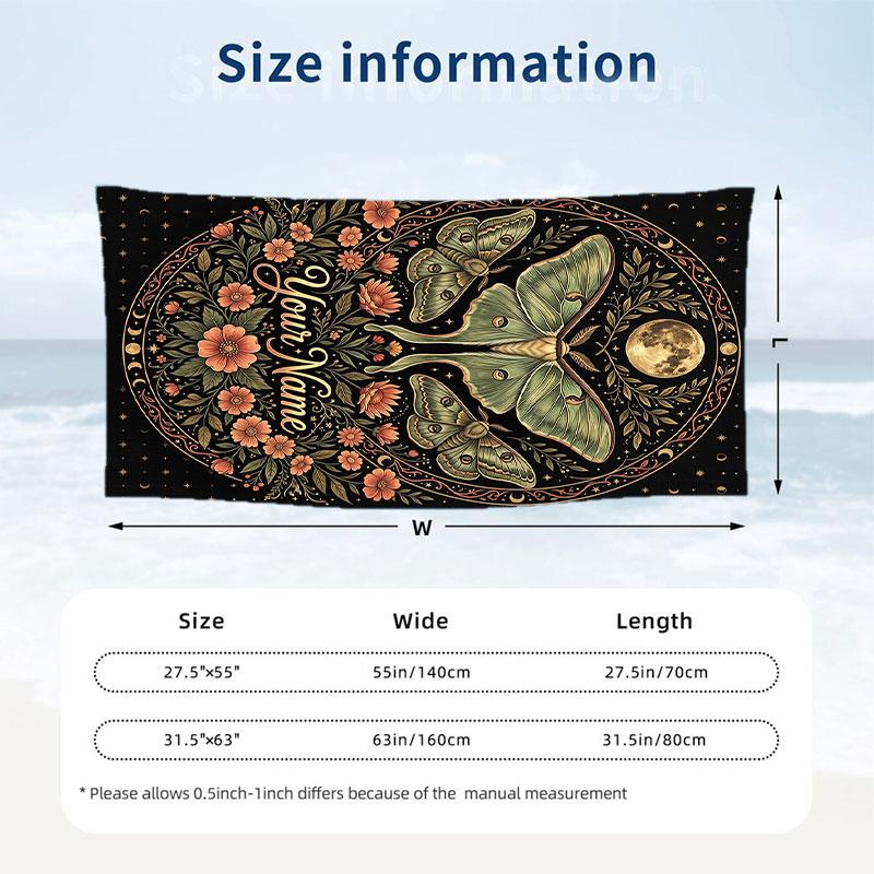 Moonlit Moth Garden 1 Theme Quick Dry Beach Towel Custom Name Text Print Large Sand Resistant Towel Beach Vacation