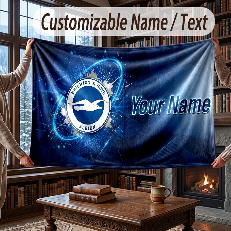 Custom Name Flannel Throw Blanket Brighton & Hove Albion Football Pattern Warm Home Decoration