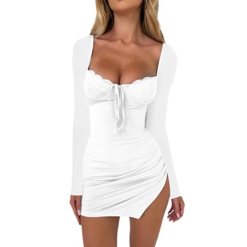 Women's Fall Square Collar Lace Up Long Sleeve Sexy Lace Lace Slit Dress