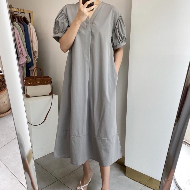 Womens Loose V-Neck Midi Knit Dress With Side Pockets Casual Short Sleeve Plus Size Fit Gray