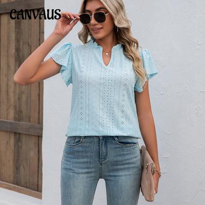 Summer Women's T-shirt V-neck Ruffle Fly Sleeve Loose Short Sleeve Top