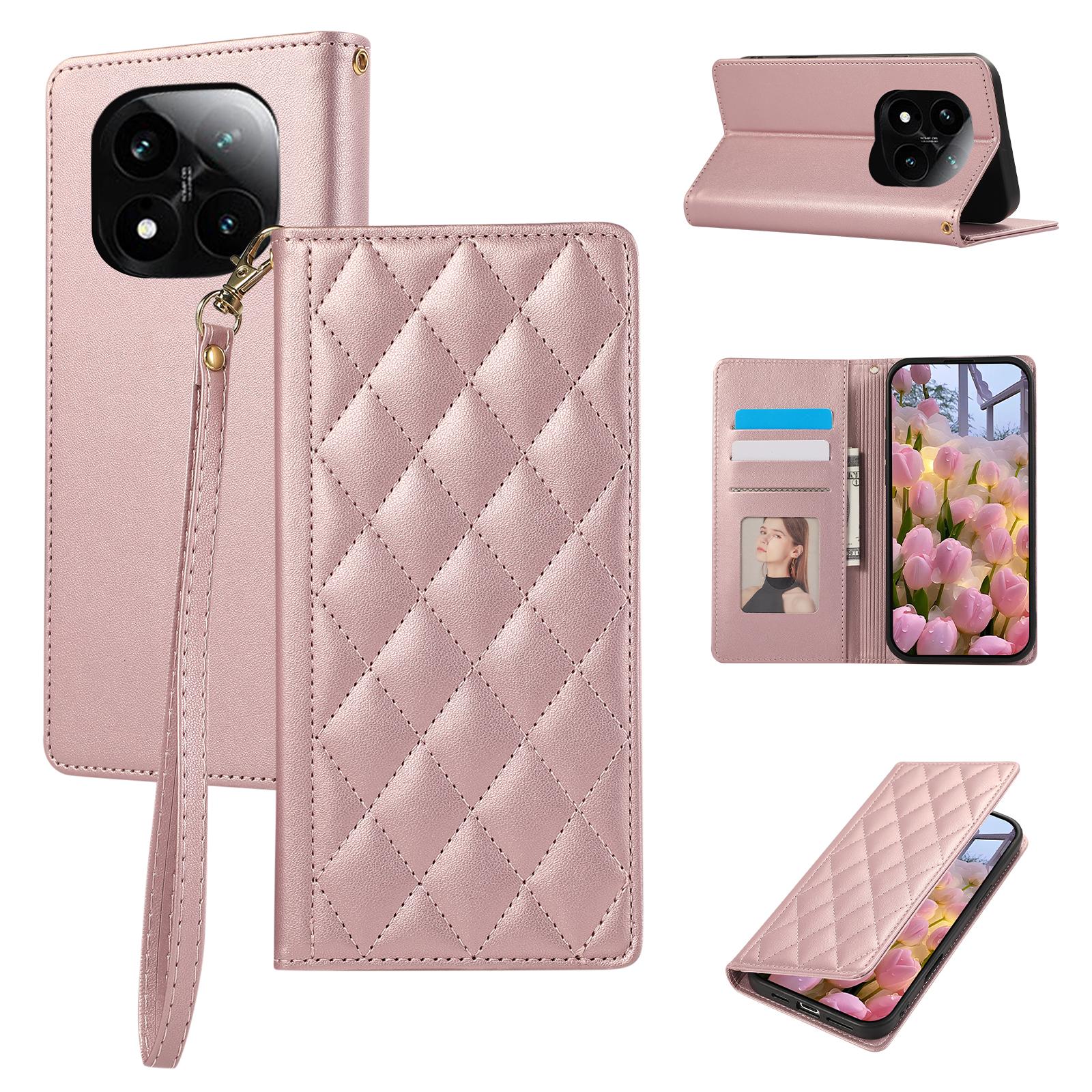 

Phone Case For Xiaomi Redmi Note 14 Pro 5G/Note 14 Pro+ 5G/Poco X7 5G ,RFID Blocking Wallet Stand Rhombus Leather Cover with Wrist Strap Rose Gold