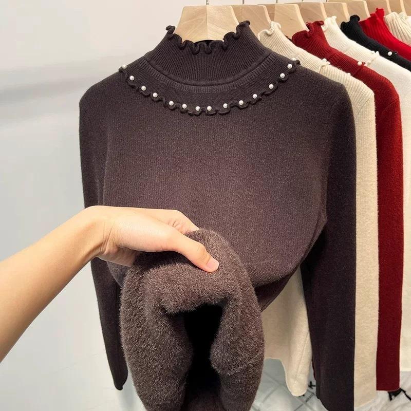 

Флисовый свитер с полувысоким воротником, топ с бисерным дизайном, женский осенне-зимний свитер с фестончатым краем и интегрированным флисовым подкладом One size [recommended 80-60kg] темно-коричневого