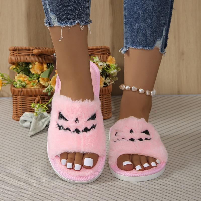 Fashion European and American Halloween Slippers 2024 Autumn and Winter Women's Flat Bottom Fluffy Slippers with A One Line Design Sense