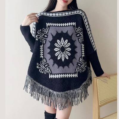 805 #Automne Style Ethnique Serviette Tricotée Lâche Manches Longues Franges Style Étranger Pull Cape Châle Pull
