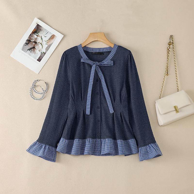 ZANZEA Womens Round Neck Casual Plaid Patchwork Long Sleeve Blouse