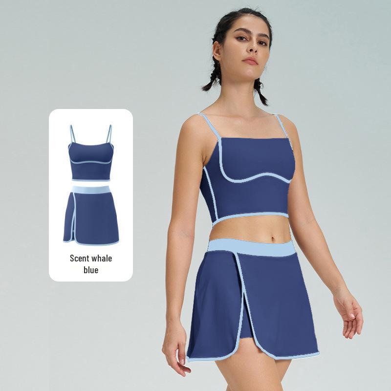 Women's Slimming Contrast Color Tennis Set, Quick-Dry Yoga Fitness Vest & Skirt with Chest Pads, Two-Piece Activewear.
