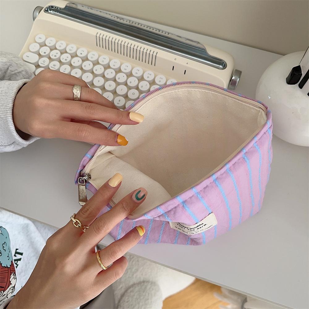 Cute Canvas Striped Travel Cosmetic Lipstick Brush Storage Bag Toiletry Kit Girl Kawaii Makeup Handbags Organizer Pouch Bag