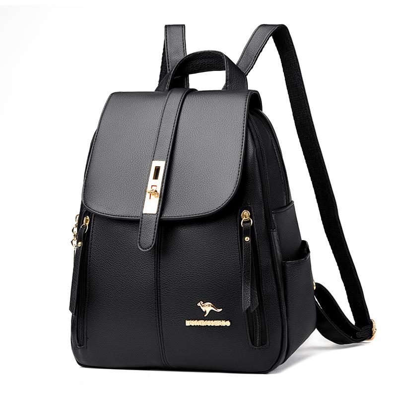 

2024 Новый уличный тренд женский багаж кожаные изделия однотонный рюкзак кожаный женский рюкзак с прошивкой чёрный