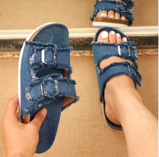 

Летние уникальные новые повседневные джинсовые однотонные парусиновые с пряжкой и двумя словами, с плоскими шлепанцами P724 43 синий