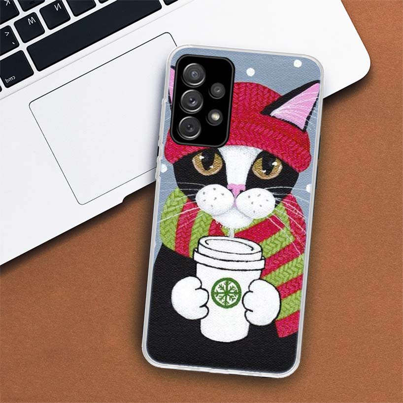 Latte Kávový Mléčný Nápoj Kočka Pouzdro na Telefon Pro Samsung Galaxy A53 A52 A73 A72 A12 5G A13 A22 A23 A32 A33 A02S A03S A42 A43 A50S Coqu