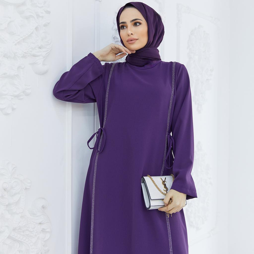 Side Tie Long Sleeve Plus Size Muslim Women Dress Abaya