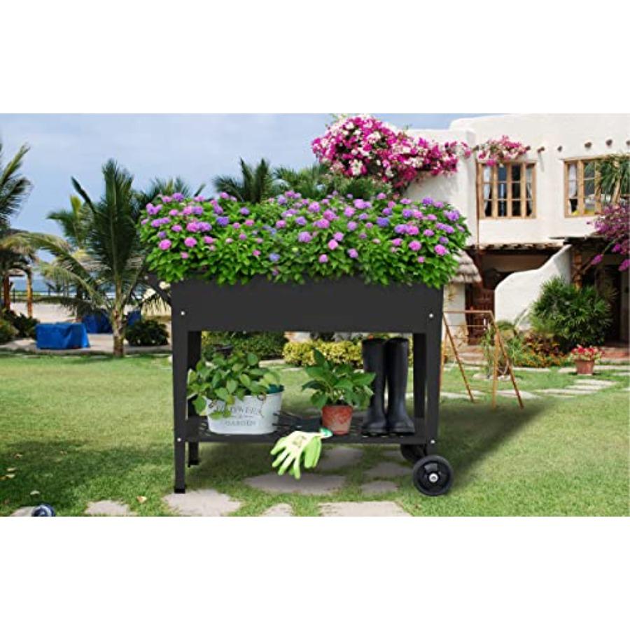 Raised Planter Box Outdoor with Legs Elevated Garden Bed with Wheels for Vegetables Flowers Herbs Planting Black