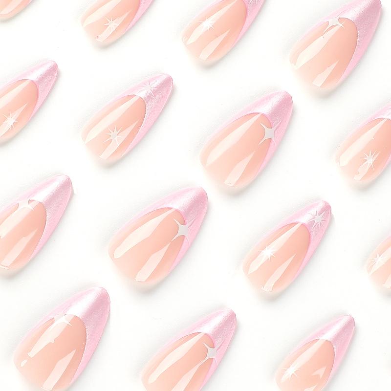 24Pcs/Set Quick Nails French Style Pink Pearl Powder False Nials Sticker Wearable Waterproof Manicure Finished Nails