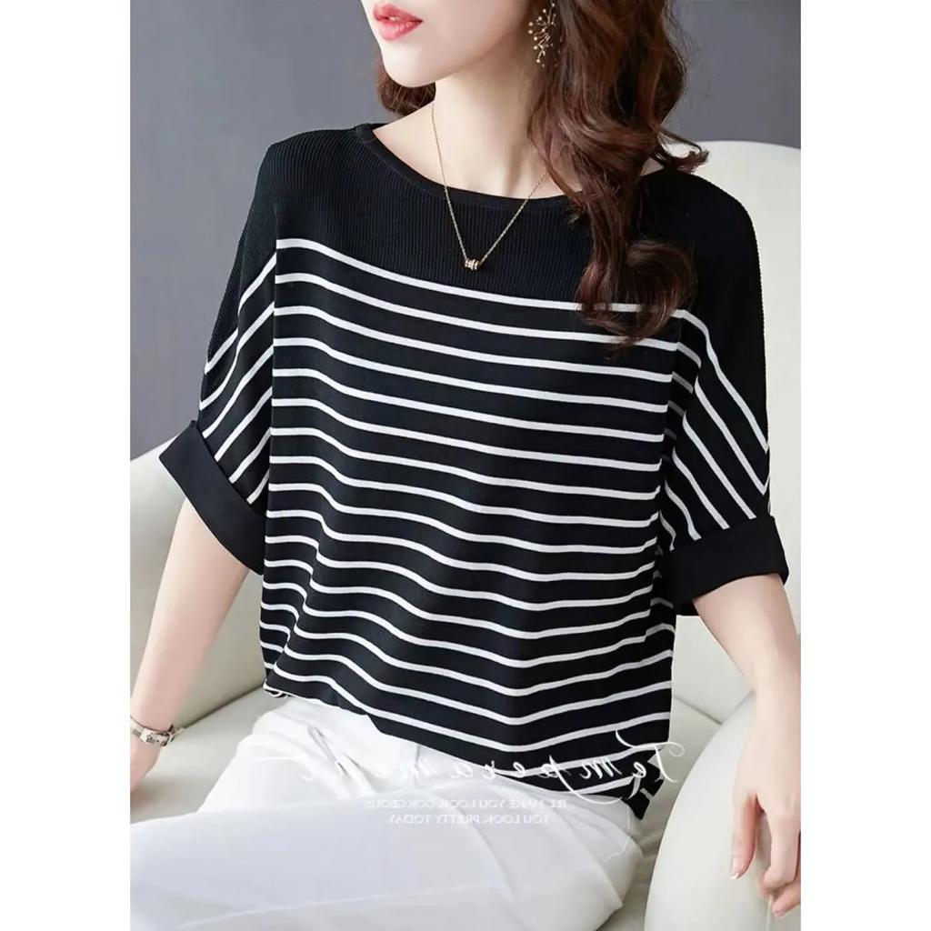 Striped Patchwork Blouse Women Half Sleeve Office Wear Summer T-shirt Loose Casual O-neck Tunic Tops