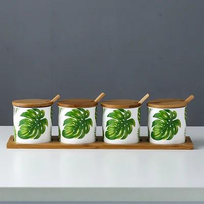 Kitchen seasoning tools ceramic seasoning jar set marble pattern cruet bamboo tray kitchen supplies seasoning box salt shaker