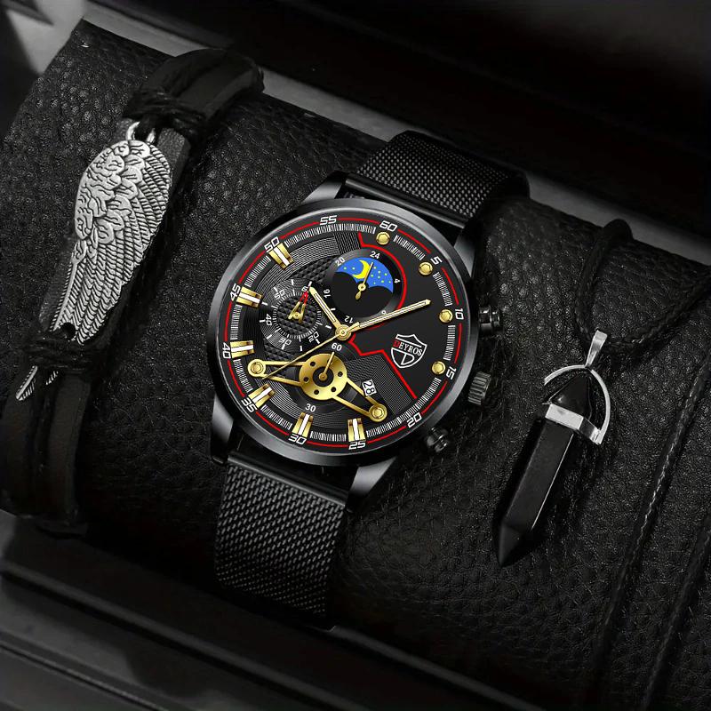 

3 шт./набор, 1 шт. модные мужские деловые кварцевые часы с круглым ремешком и стрелкой, 1 шт. браслет, 1 шт. ожерелье с