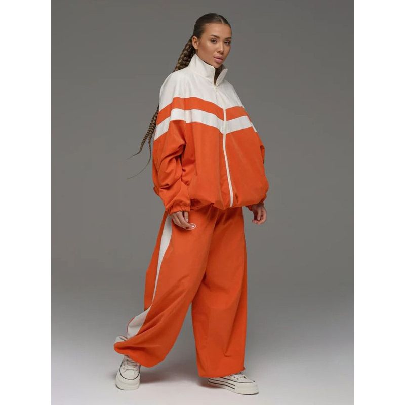 Cross-Border Outerwear Women Spring and Autumn Sports Set Personality Stripe Contrast Color Drawstring Top Loose Polyester Cotton Two-piece Set Suit