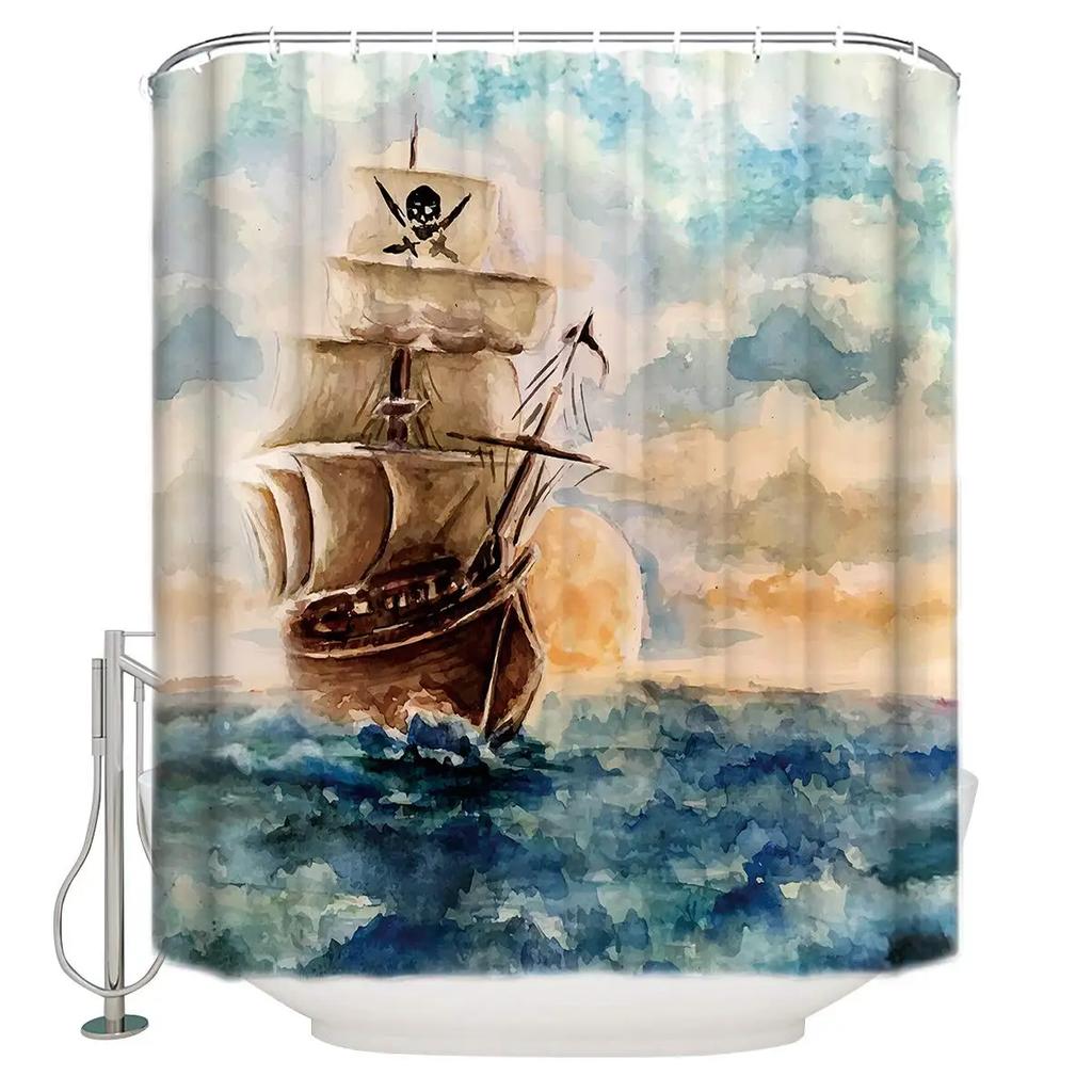 Pirate Ship Shower Curtain for Nautical Bathroom Fantasy Ocean Vintage Pirate Ship Bath Curtains Polyester Decor with 12 Hooks