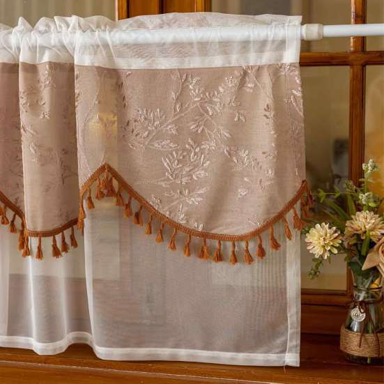 Polyester Tulle Window Valance Jacquard Lace Curtain, 39 Inch Vintage Embroidered Floral Valance, Semi Light Filtering Small Panel Sheer Swag with Rod