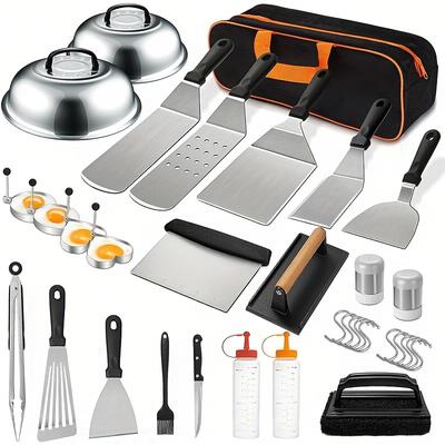 34-teiliges/8-teiliges Grillplatten-Zubehörset, Grillzubehörset mit flacher Oberseite, Grillspatel-Set mit extra großem Spatel, Spatel zum Grillen im Freien