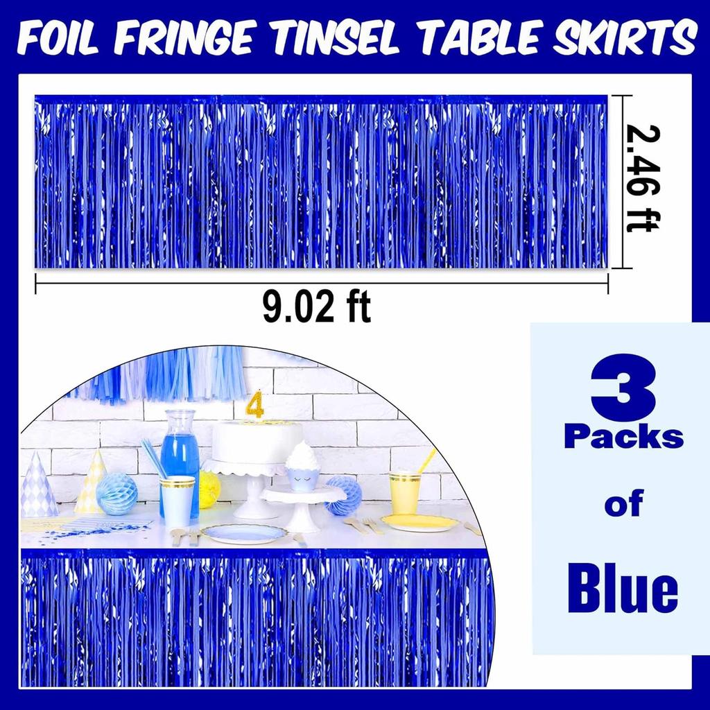 3 Pack 29 x108 Inch Blue Foil Fringe Table Skirts Metallic Banner for Tel Streamer Garland Backdrop for Parade Floats Mother's Day, Graduate,
