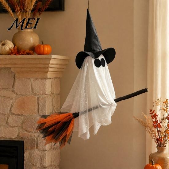 Festive Party Atmosphere Accessory Halloween Ghost Witch Broom Hanging Ornament, Spooky Hat Floating Prop Pendants for Indoor Outdoor Haunted